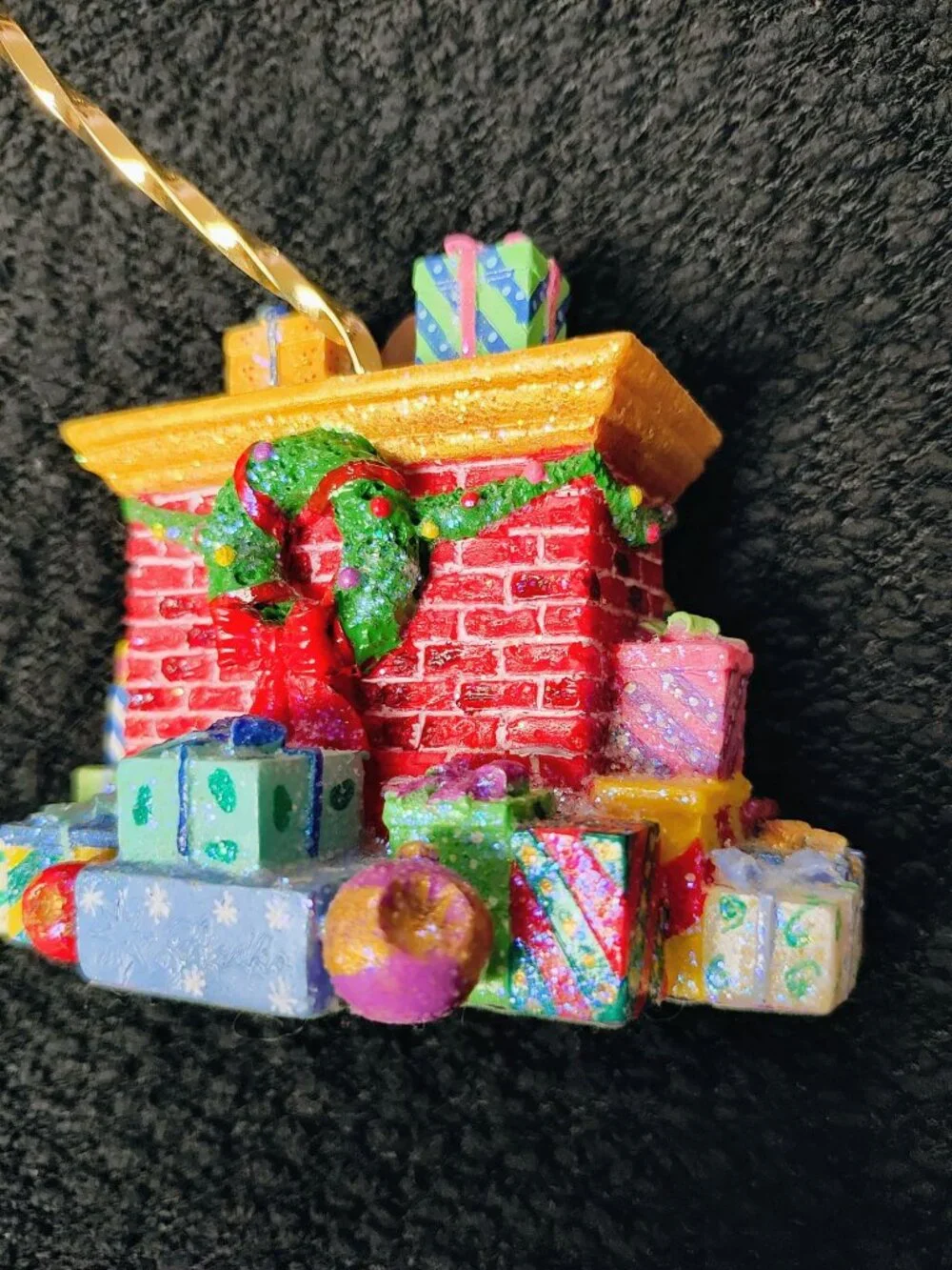 Vintage Christmas Fireplace Ornament Miniature Stocking & Gifts Tabletop Decor 3